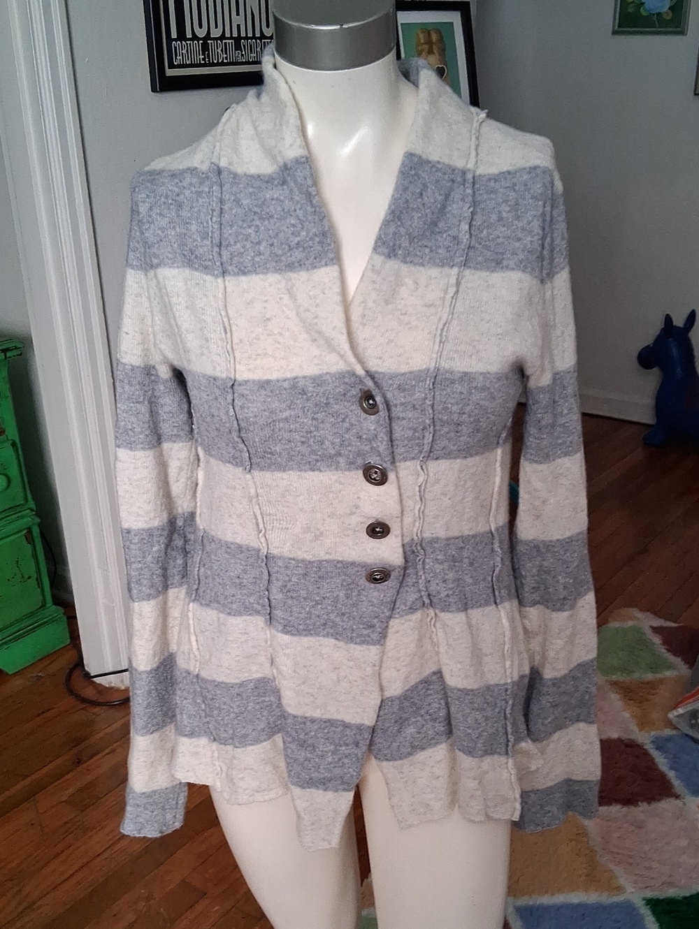 Free People Striped Hooded Button-Front Cardigan in Gray & Cream